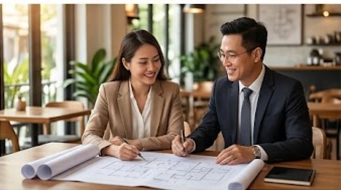 Hai người phụ nữ đang tươi cười xem bản vẽ dự án thể hiện sự ăn ý trong hợp tác kinh doanh phong thủy