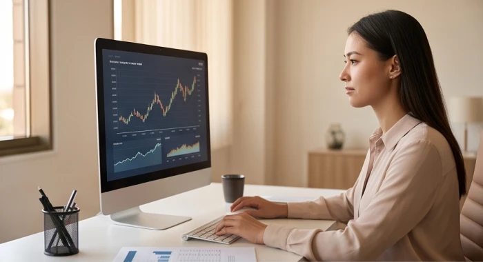 Chuyên viên phân tích trẻ tuổi tập trung xử lý dữ liệu và biểu đồ tài chính trên màn hình máy tính với sự điềm đạm