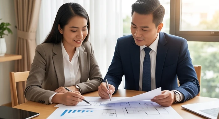 Hai đối tác kinh doanh Việt Nam thảo luận hợp tác chiến lược minh họa cho tuổi đinh mão hợp mệnh mộc