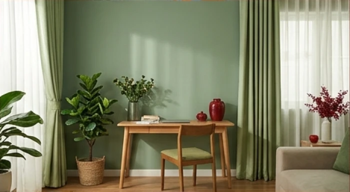 Góc phòng làm việc gia chủ tuổi Đinh Mão bài trí tường xanh lá cây cùng rèm cửa mềm mại và điểm nhấn gốm sứ đỏ ấm áp