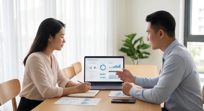 Hai đối tác kinh doanh trao đổi kế hoạch chiến lược hiệu quả cho doanh nghiệp của tuổi Đinh Sửu 1997