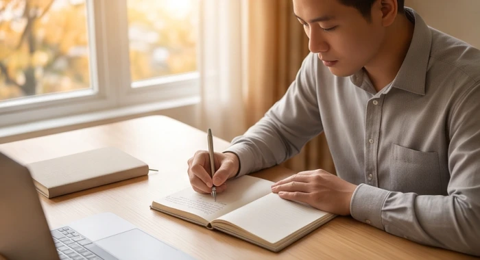 Doanh nhân lập kế hoạch mục tiêu bên sổ tay biểu hiện tư duy nhạy bén của tuổi Đinh Sửu 1997 mùa Thu