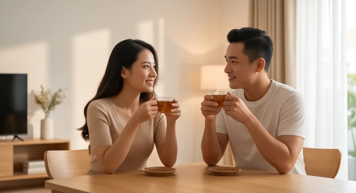 Cặp đôi gia đình trẻ hạnh phúc bên bàn trà ấm cúng tiêu biểu cho hôn nhân hòa hợp của tuổi Đinh Sửu 1997