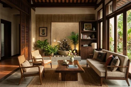 Không gian phòng khách hiện đại với tiểu cảnh thác nước hợp phong thủy cho tuổi giáp dần 1974