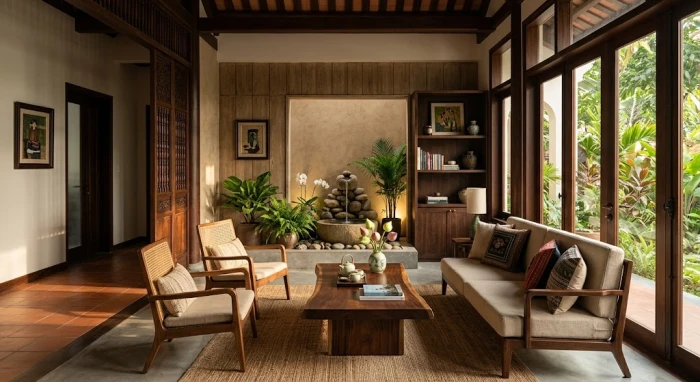 Không gian phòng khách hiện đại với tiểu cảnh thác nước hợp phong thủy cho tuổi giáp dần 1974