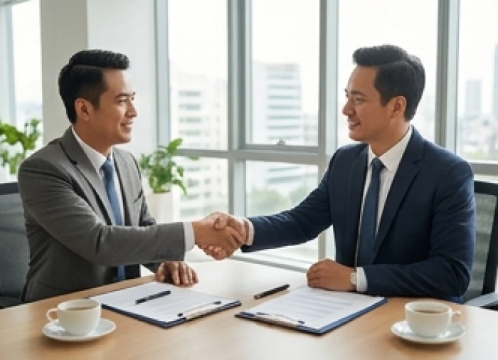 Hai đối tác kinh doanh tuổi Giáp Dần và Canh Tuất bắt tay hợp tác ký kết hợp đồng trong không gian sang trọng