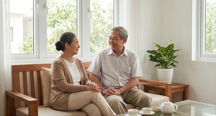 Ông bà cao niên 73 tuổi bản mệnh Sa Trung Kim trò chuyện thảnh thơi trong phòng khách gia đình
