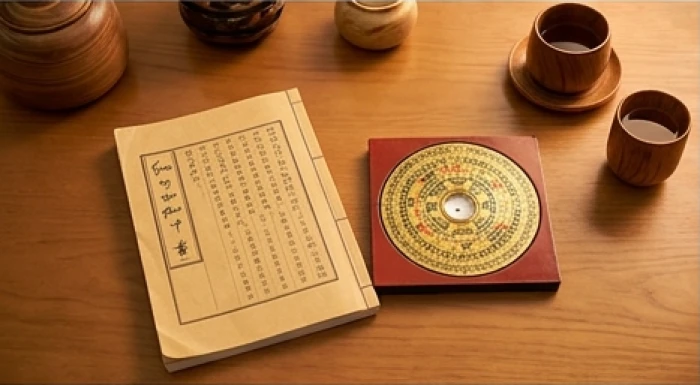 Sách phong thủy cổ truyền cùng la bàn mở rộng trên bàn gỗ minh họa quy luật tính toán các năm hạn tam tai