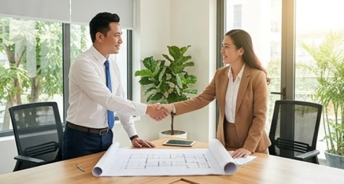 Hai doanh nhân cùng bàn thảo hợp đồng hợp tác kinh doanh trong không gian làm việc phong thủy trang nhã