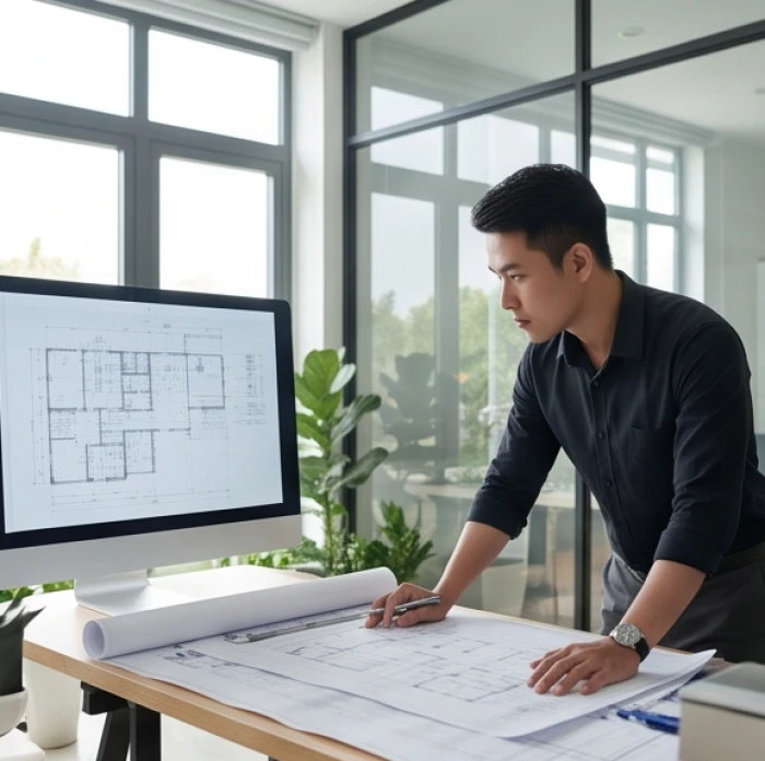 Nam giới mệnh Sơn Đầu Hỏa làm việc sáng tạo trong văn phòng kiến trúc thiết kế với ánh sáng tự nhiên