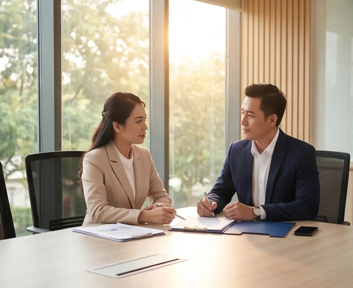 Hai đối tác kinh doanh trao đổi cởi mở và phân chia vai trò rõ ràng tại bàn làm việc nhằm tạo sự đồng thuận vững chắc