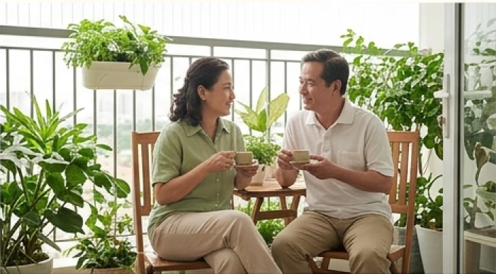 Hai vợ chồng tuổi Giáp Tý 1984 thư thái thưởng trà bên ban công nhiều cây xanh trong buổi chiều yên bình
