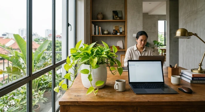 Chậu cây trầu bà xanh và sen đá trang trí góc làm việc giải đáp tuổi hợi hợp cây gì theo ngũ hành