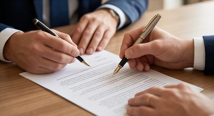 Người làm kinh doanh đang cẩn trọng rà soát từng điều khoản trên hợp đồng pháp lý nhằm bảo vệ quyền lợi cá nhân