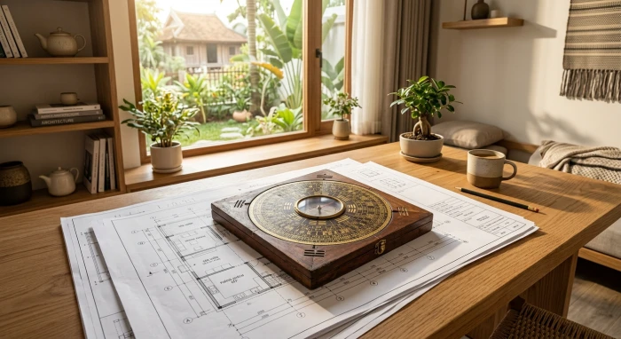 La bàn phong thủy và bản vẽ kiến trúc giúp gia chủ xác định tuổi hợi hợp hướng nào để thu hút vượng khí