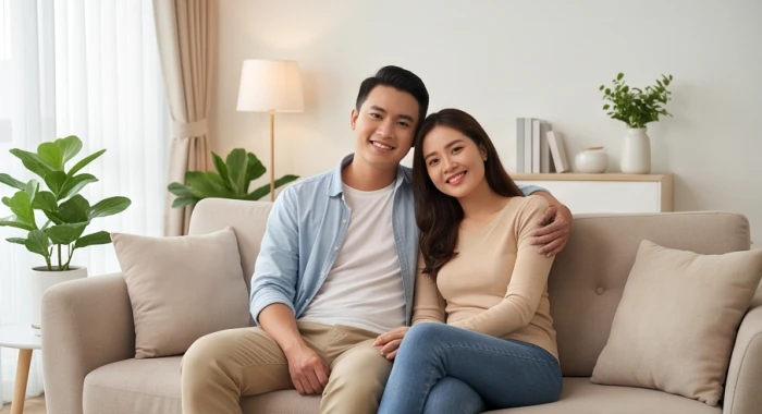Cặp vợ chồng trẻ Việt Nam hạnh phúc trong không gian sống ấm cúng thể hiện sự hòa hợp gia đạo tuổi Hợi