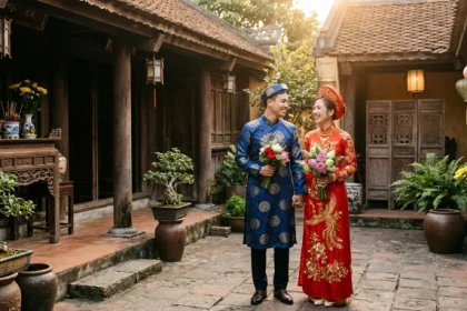 Cặp đôi mặc áo dài cưới Việt Nam rạng rỡ trong ngày trọng đại, minh họa tuổi hợi hợp kết hôn với tuổi nào