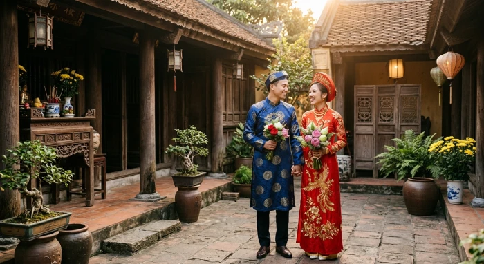 Cặp đôi mặc áo dài cưới Việt Nam rạng rỡ trong ngày trọng đại, minh họa tuổi hợi hợp kết hôn với tuổi nào