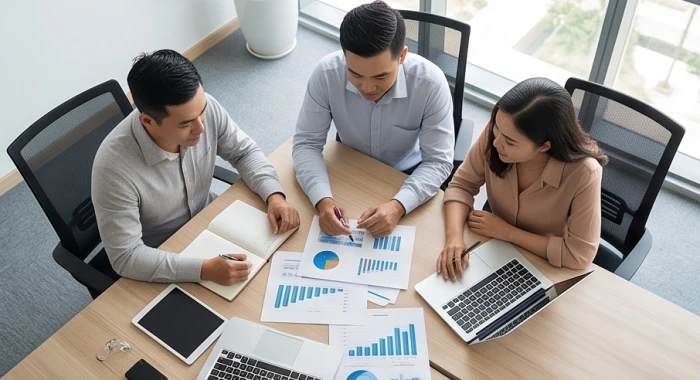 Nhóm đối tác làm ăn tam hợp và lục hợp cùng thảo luận kế hoạch phát triển dự án kinh doanh tại phòng họp hiện đại
