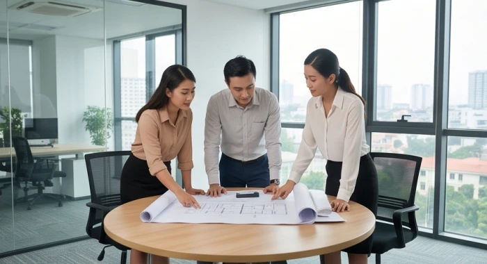 Nhóm ba cộng sự kinh doanh Việt Nam thể hiện sự gắn kết hài hòa trong công việc theo vòng tam hợp tuổi Hợi