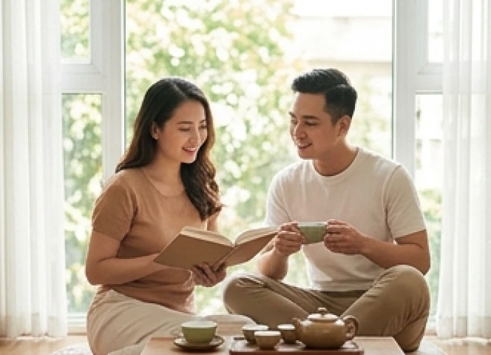 Vợ chồng tuổi Hợi cùng bạn đời thuộc nhóm bình hòa thư giãn và đọc sách hòa thuận trong không gian phòng khách