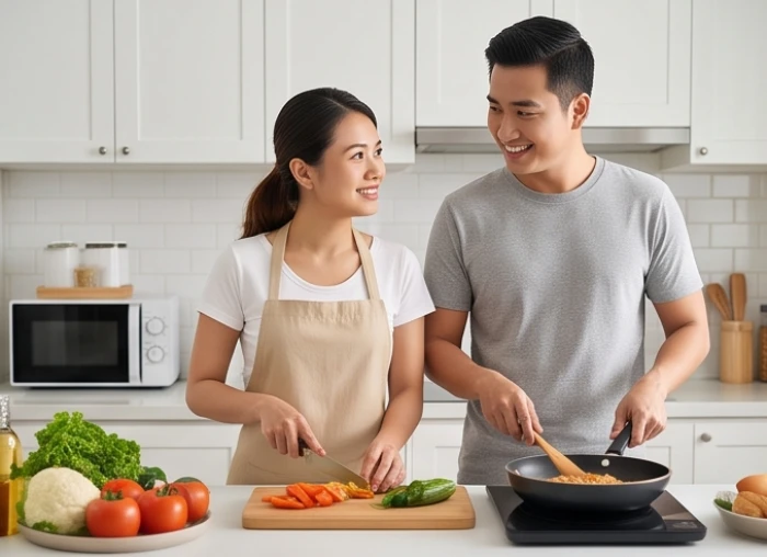 Cặp vợ chồng hợp tuổi Hợi và Mão cùng nhau chuẩn bị bữa tối ấm cúng trong căn bếp gia đình tràn ngập tiếng cười