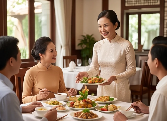 Chủ nhà hàng tuổi Hợi tận tâm tư vấn món ăn và phục vụ khách hàng trong không gian ẩm thực ấm áp, tinh tế