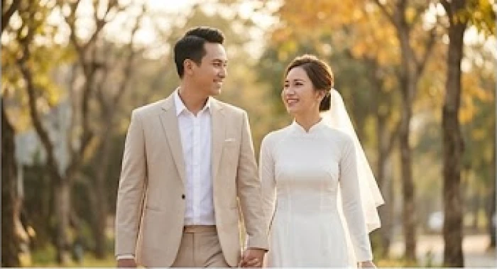 Cô dâu chú rể rạng rỡ trong ngày cưới vào tiết trời mùa thu mát mẻ mang lại nhân duyên suôn sẻ
