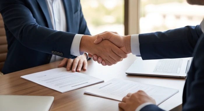 Nhóm đối tác kinh doanh ký kết hợp đồng hợp tác thành công trong sự thống nhất và tin cậy lẫn nhau tại phòng họp