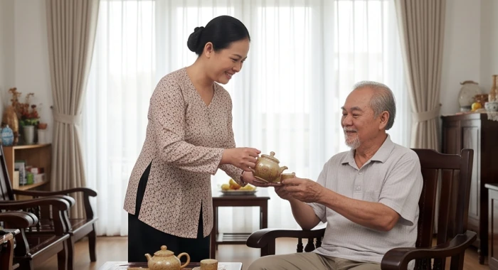Con cháu tuổi Thân và Tý ân cần pha trà và trò chuyện cùng cụ ông Canh Thìn 1940 trong phòng khách hiên nhà