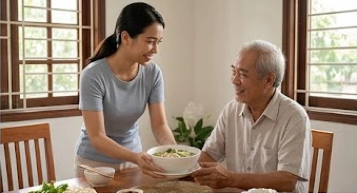 Thành viên mệnh Kim đang tận tình chuẩn bị bữa ăn dinh dưỡng cho người lớn tuổi trong gian bếp