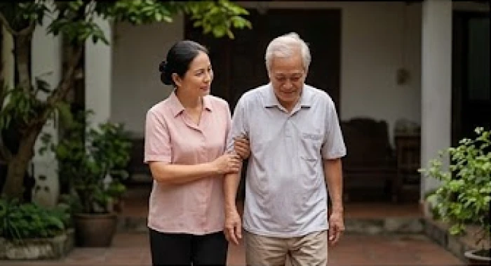 Một người con cẩn thận và ân cần đang dìu người cha lớn tuổi dạo bước trong khoảng sân yên tĩnh