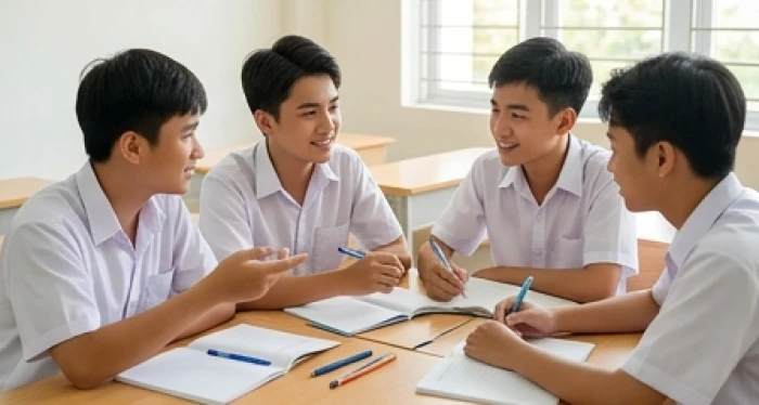Nhóm học sinh nam cùng thảo luận bài tập nhóm vui vẻ trên lớp hỗ trợ cho việc học tập trôi chảy