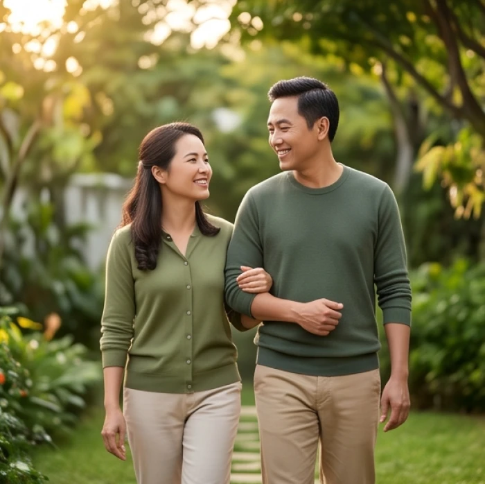Người vợ tuổi Dần cùng chồng hạnh phúc đi dạo trong sân vườn, thể hiện sự hòa hợp và bù trừ tính cách trong gia đình