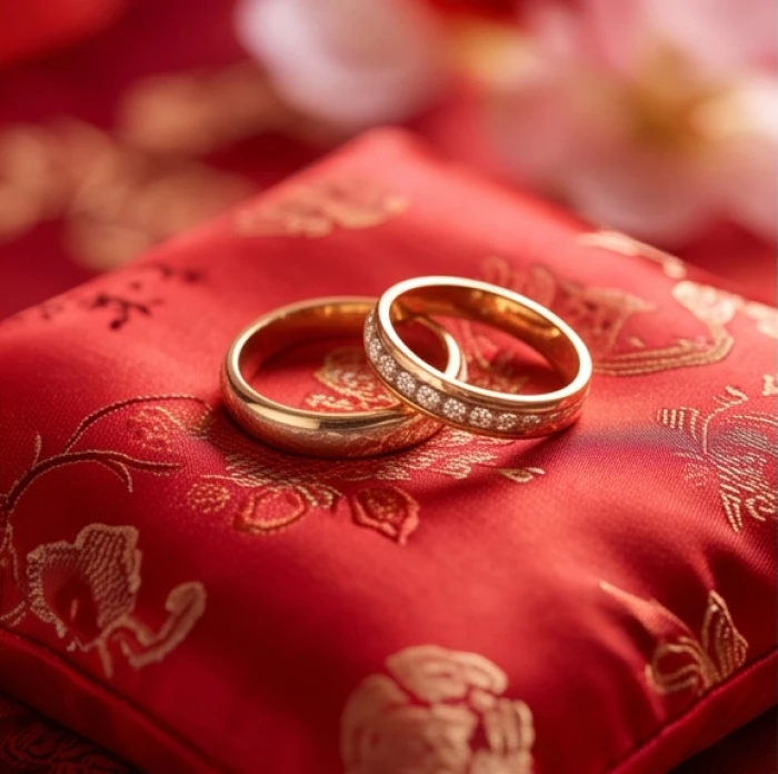 Cặp nhẫn cưới lấp lánh đặt trên chiếc gối lụa đỏ thắm trang trí họa tiết truyền thống