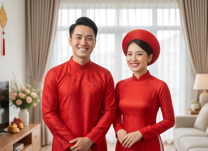 Cặp đôi nam nữ người Việt mặc áo dài đỏ truyền thống đang cười tươi rạng rỡ trong lễ cưới gia tiên