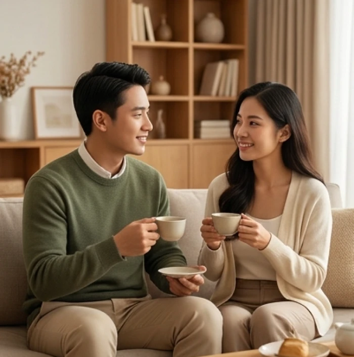 Đôi vợ chồng trẻ trò chuyện hòa thuận trong phòng khách ấm cúng mang lại sự an yên và gắn kết gia đạo