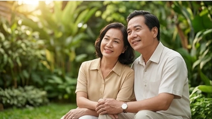 Cặp vợ chồng trung niên tuổi Giáp Dần cùng nhau trò chuyện vui vẻ bên khu vườn nhỏ trang trí phong thủy hài hòa