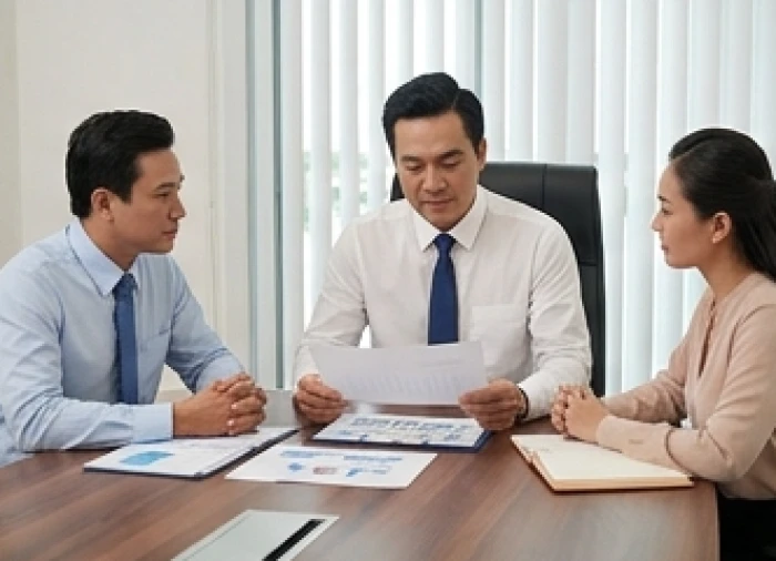 Nam doanh nhân kiểm tra hợp đồng hợp tác thương mại cùng đối tác tuổi Thân và Tý tại bàn họp văn phòng
