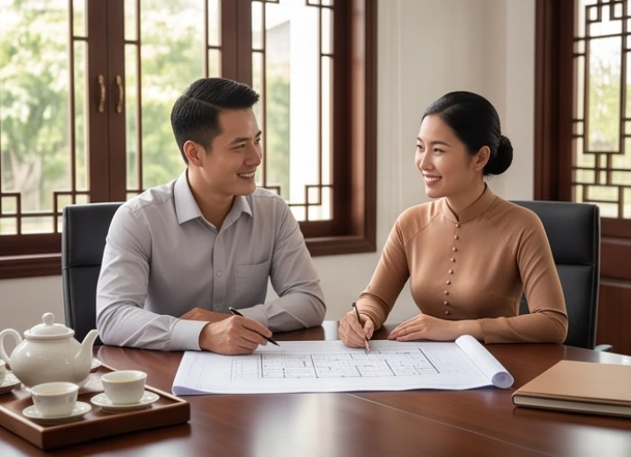 Hai doanh nhân trung niên đang thảo luận hợp đồng tại văn phòng làm việc hiện đại