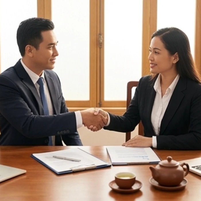 Hai đối tác doanh nhân đang thực hiện nghi thức bắt tay ký kết hợp đồng trên bàn làm việc gỗ