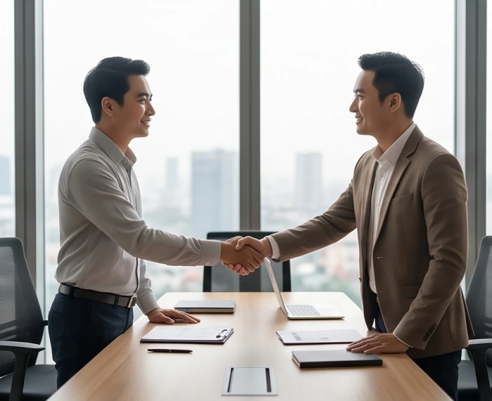 Hai đối tác kinh doanh nam và nữ bắt tay hợp tác thuận lợi trong không gian văn phòng trang nhã