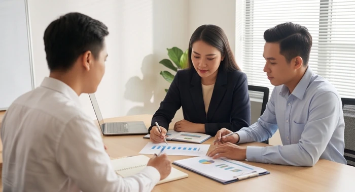 Ba người trẻ thuộc nhóm tam hợp Thân Tý Thìn cùng thảo luận ý tưởng công việc trong văn phòng hiện đại