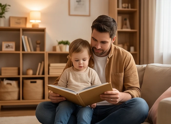 Gia đình ấm áp cùng nhau đọc sách thể hiện sự tương hợp giữa bố mẹ mệnh Mộc Thổ và con mệnh Hỏa