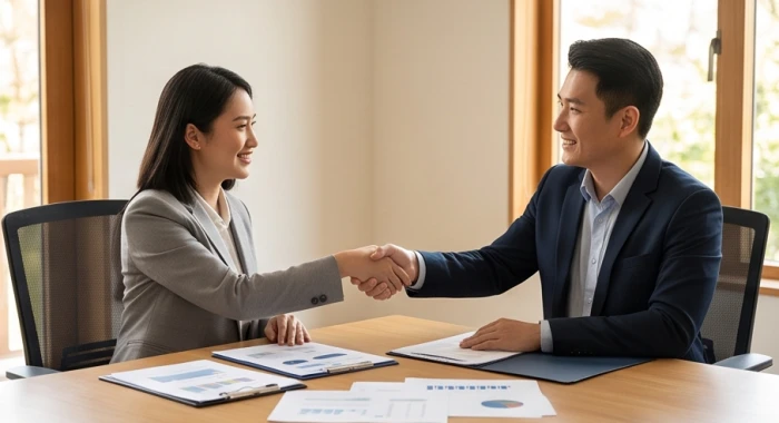 Hai người đối tác đang tươi cười bắt tay nhau trên bàn họp với tập hồ sơ dự án thiết kế.