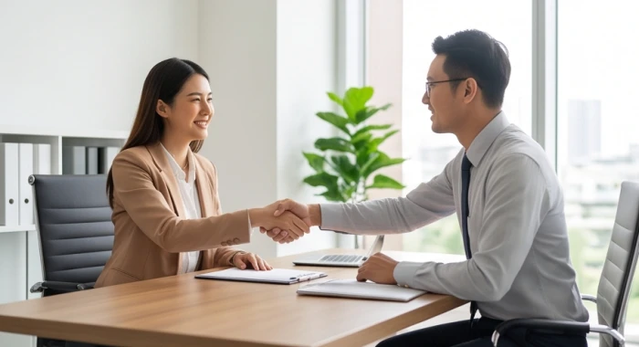 Hai người doanh nhân đang bắt tay hợp tác vui vẻ trong một văn phòng ngập tràn ánh sáng