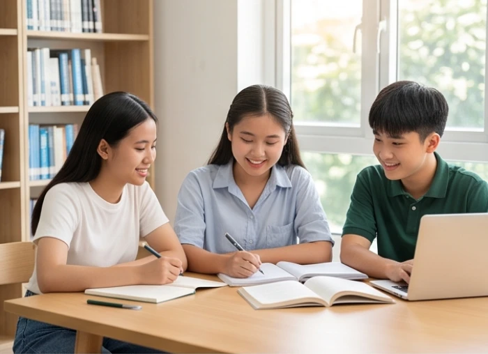 Nhóm bạn học sinh cùng nhau thảo luận bài tập trong không gian thư viện sáng sủa thể hiện sự hợp tác thuận lợi