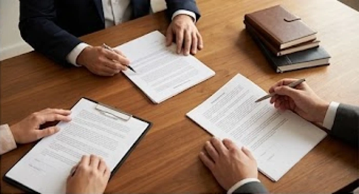 Hai đối tác kinh doanh đang trao đổi hợp đồng trên bàn làm việc gỗ tự nhiên màu nâu ấm