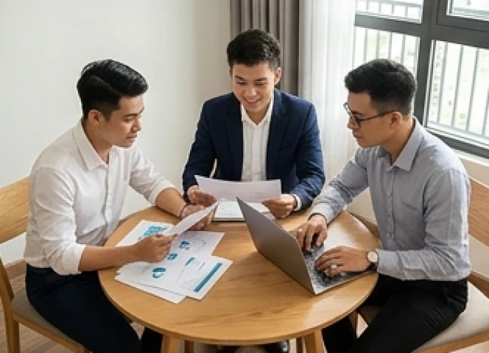 Nhóm ba người trẻ tuổi đang cùng nhau xem xét tài liệu công việc trong một buổi họp nhóm năng động