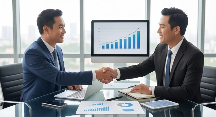 Hai doanh nhân thảo luận kế hoạch đầu tư bên bàn làm việc thể hiện sự hợp tác thuận lợi của Kỷ Mão
